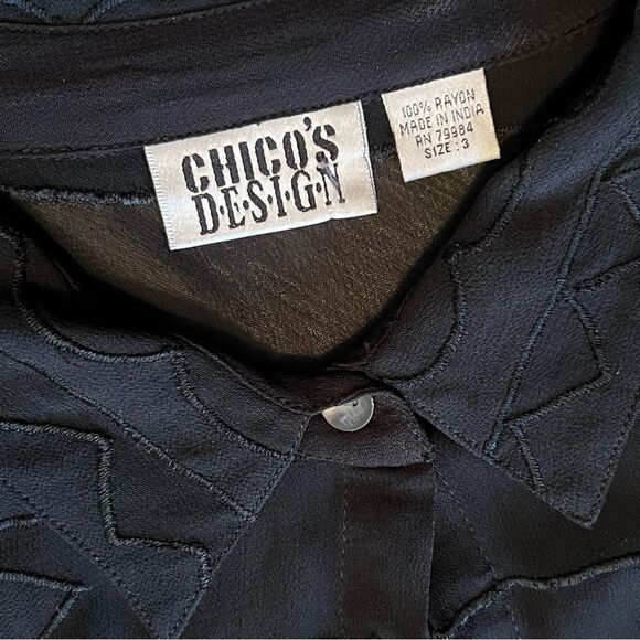 VTG Chico’s Black Beaded Oversized button Up Tunic Swim Cover Up Split Hem 3 XL - Picture 8 of 16